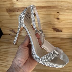 DB Studio FRANKA Silver Rhinestone Open Toe High Heel Bridal Shoes Size 6
